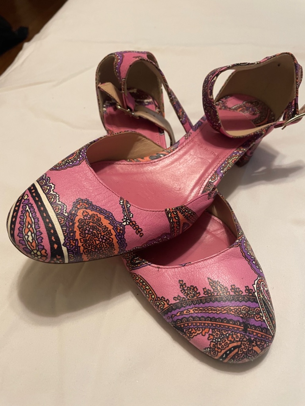 J. Crew Pink Paisley Ankle-Strap Heels